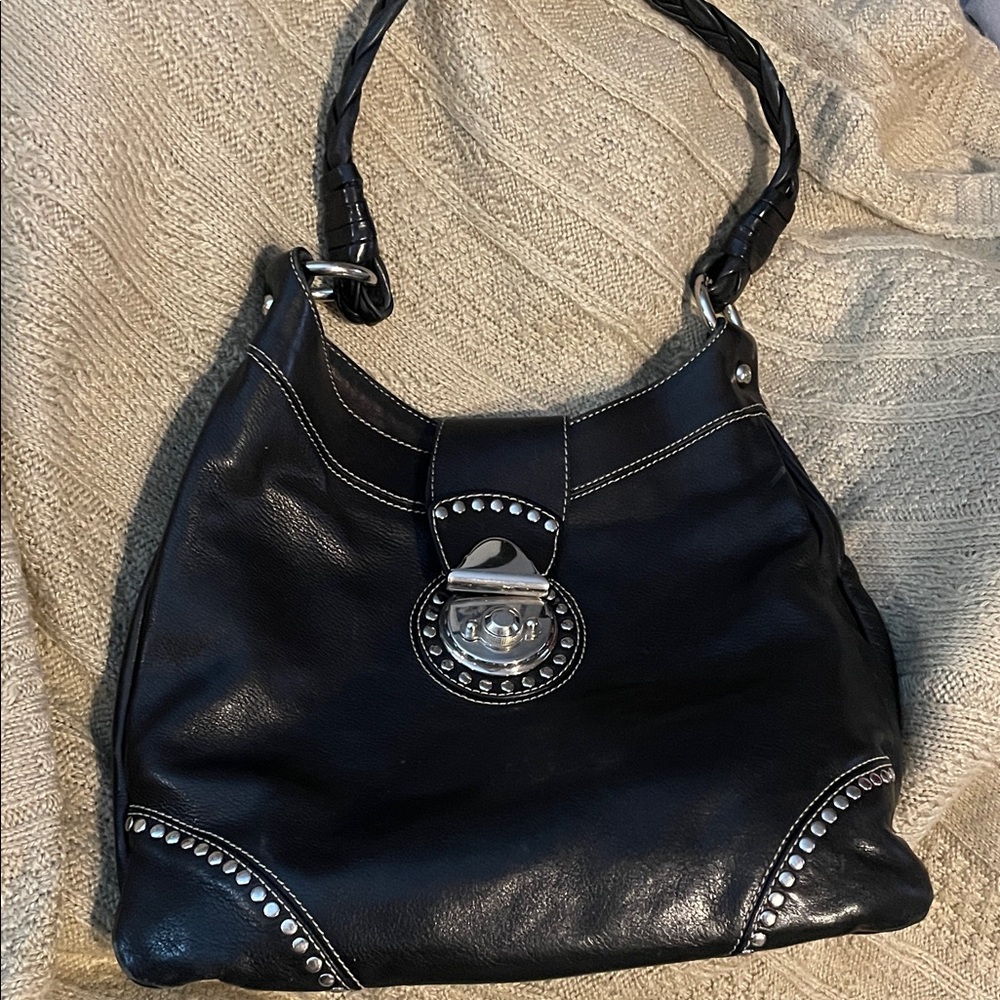 Francesco Biasia Elegant Black Leather Shoulder Bag with Silver Stud Details